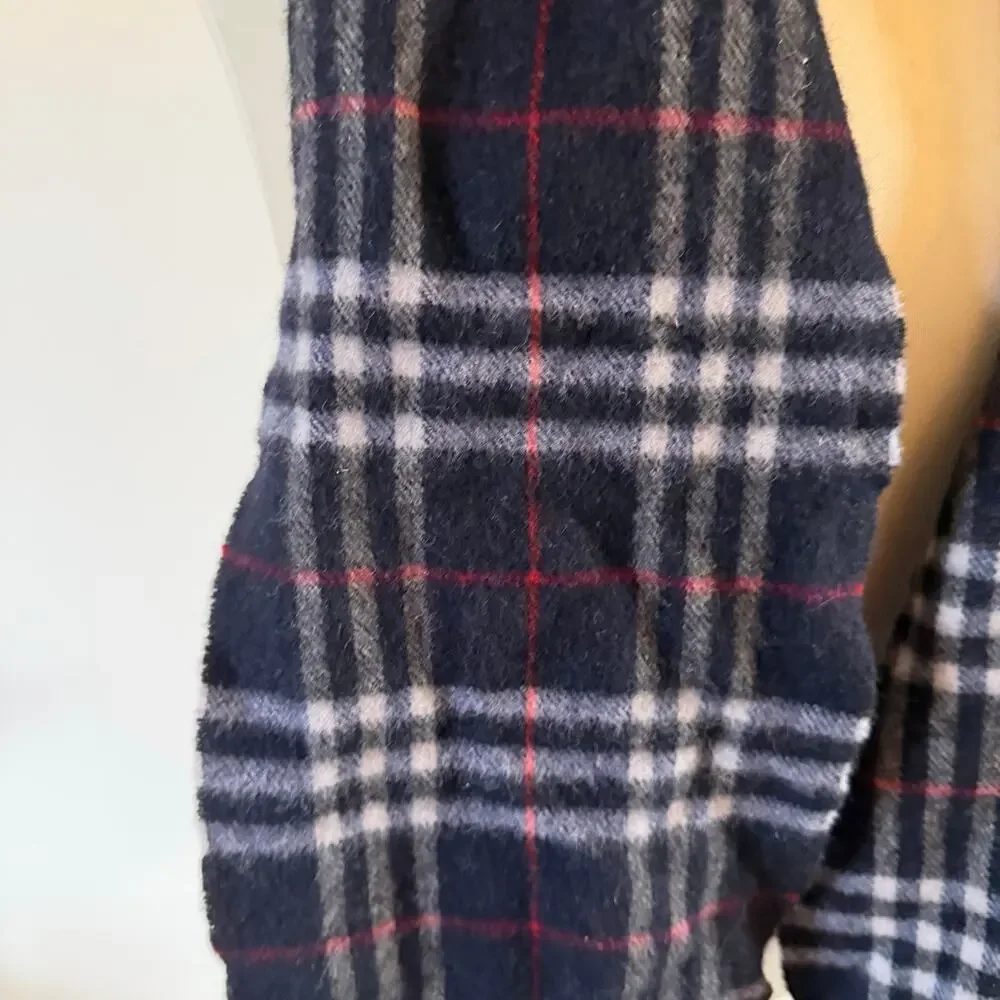 Vintage Burberry Blue Check Fringe Scarf 100% Wool Made in England